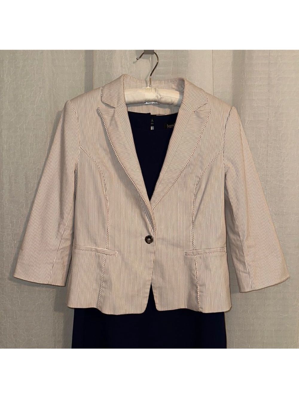 WHBM 12 Ivory Tan Seersucker Stripe One Button Collared Cotton Blazer Jacket